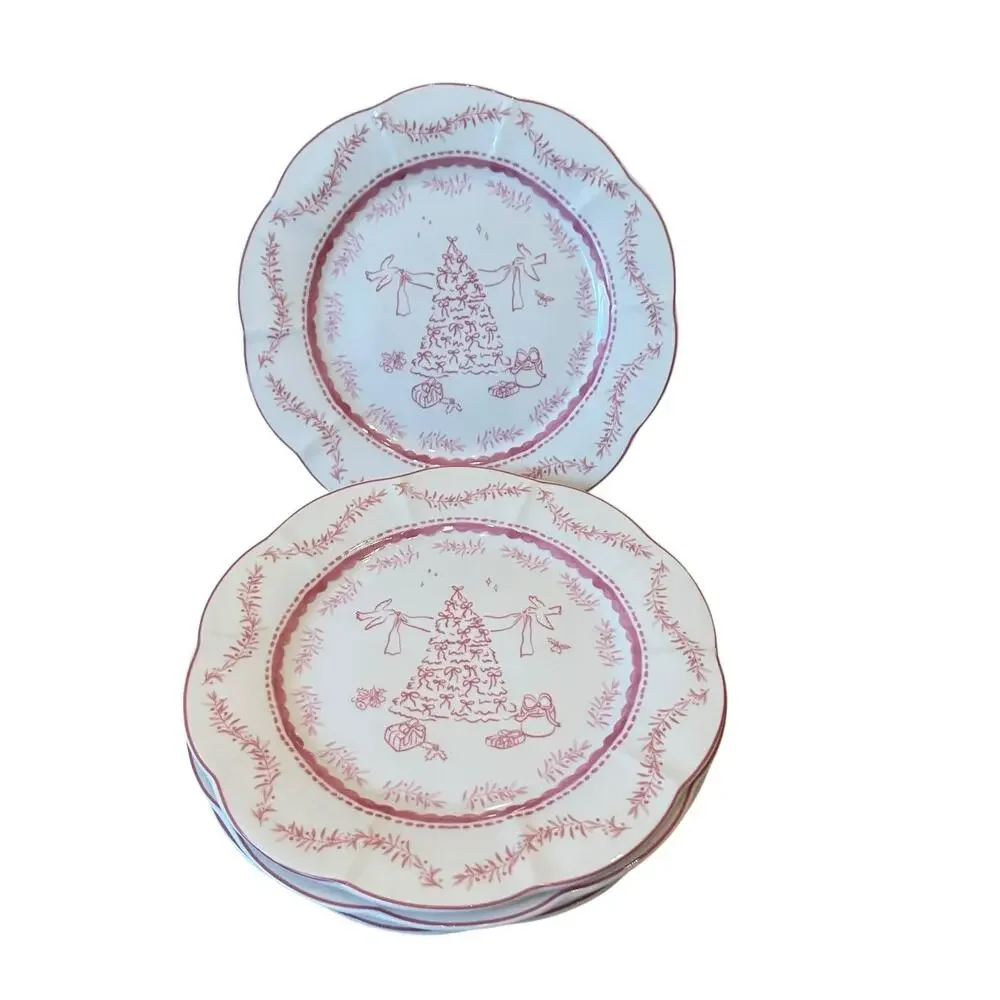 Monterey Bay Porcelain Christmas Dinner Plates 10.5in Pink & White Set of 3 NEW